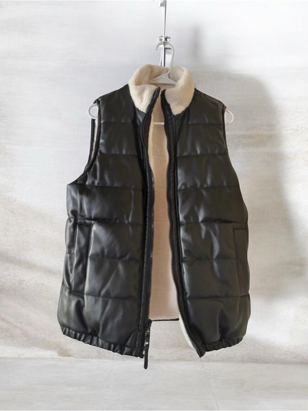 Rebecca Minkoff Black Quilted Puffer Vest with Cream Sherpa Collar